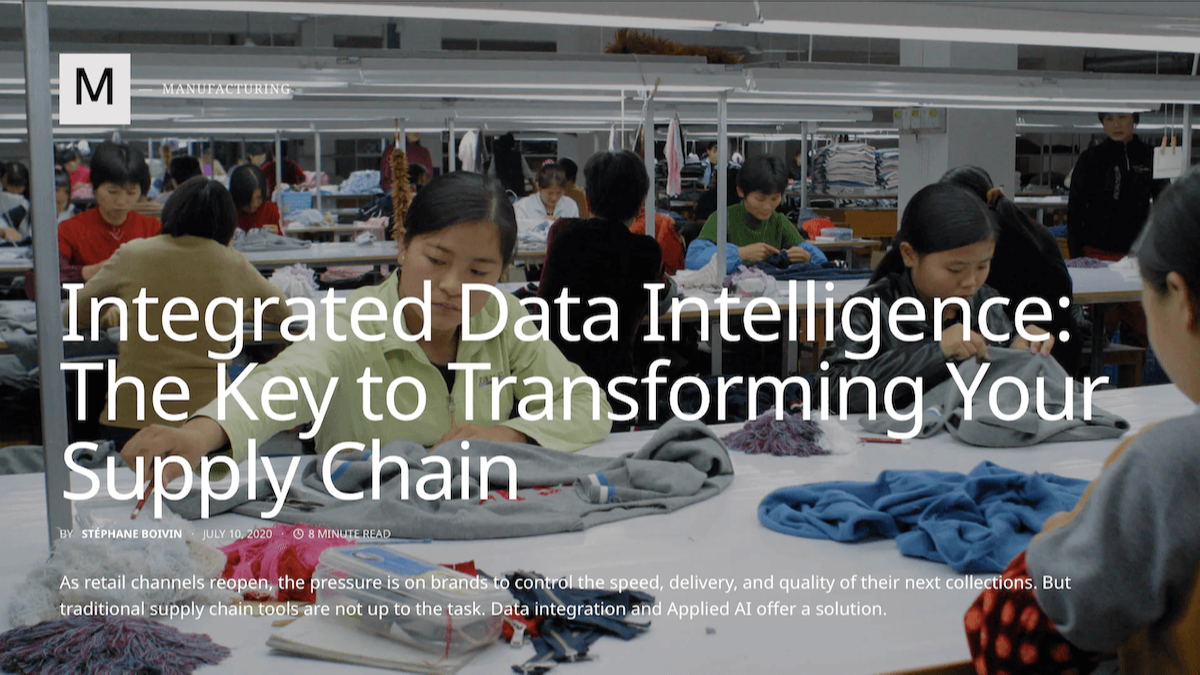 The Interline article headline of integrated data intelligence being the key to transforming your supply chain set over a shot of workers on factory floor in garment production