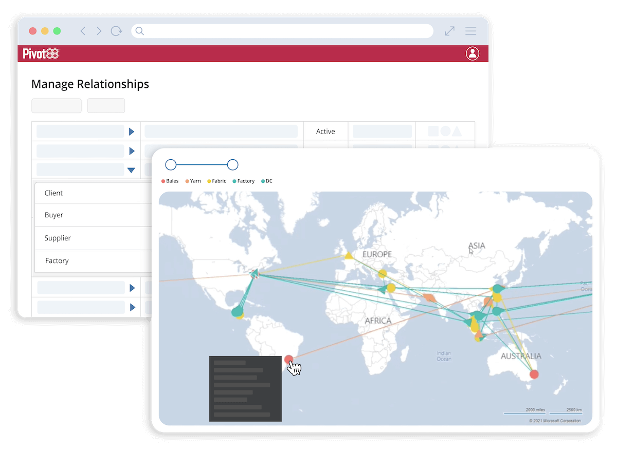 supply chain relationships dashboard and chain of custody map