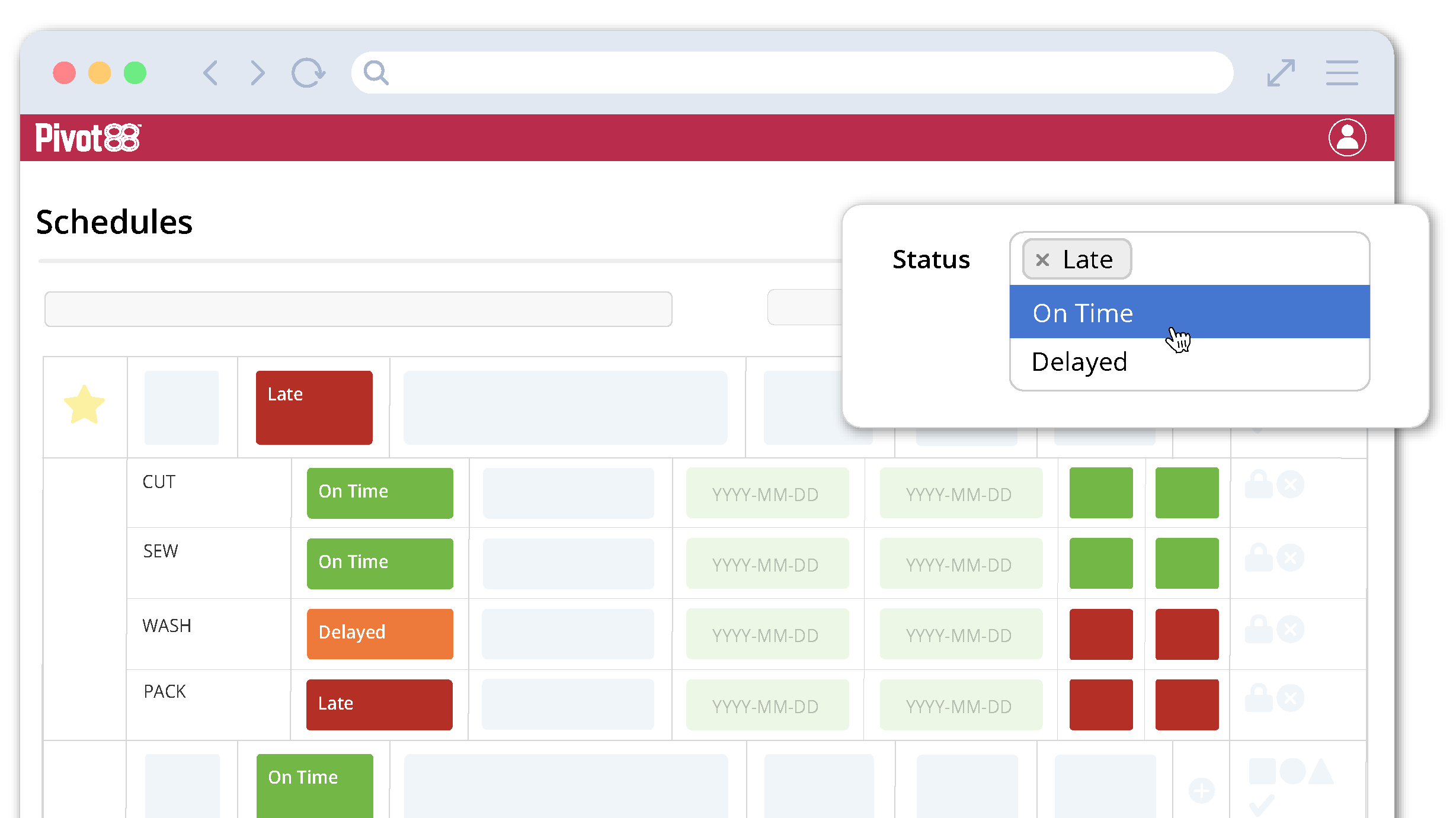 Schedules page with status selection