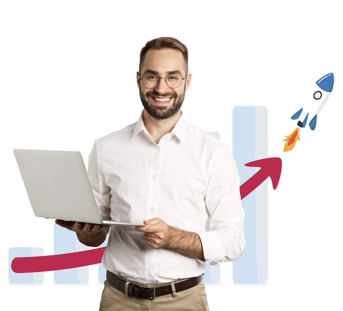 happy man holding laptop with upward trending chart and launching shuttle behind